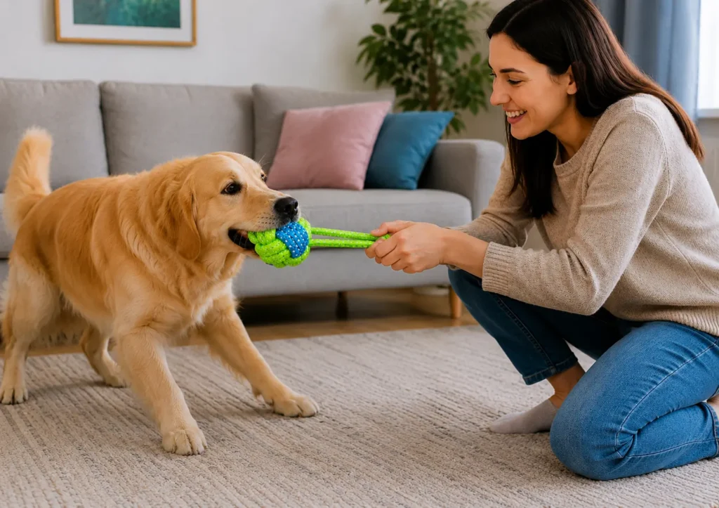 Woman supervising a golden retriever during rope toy tug play
