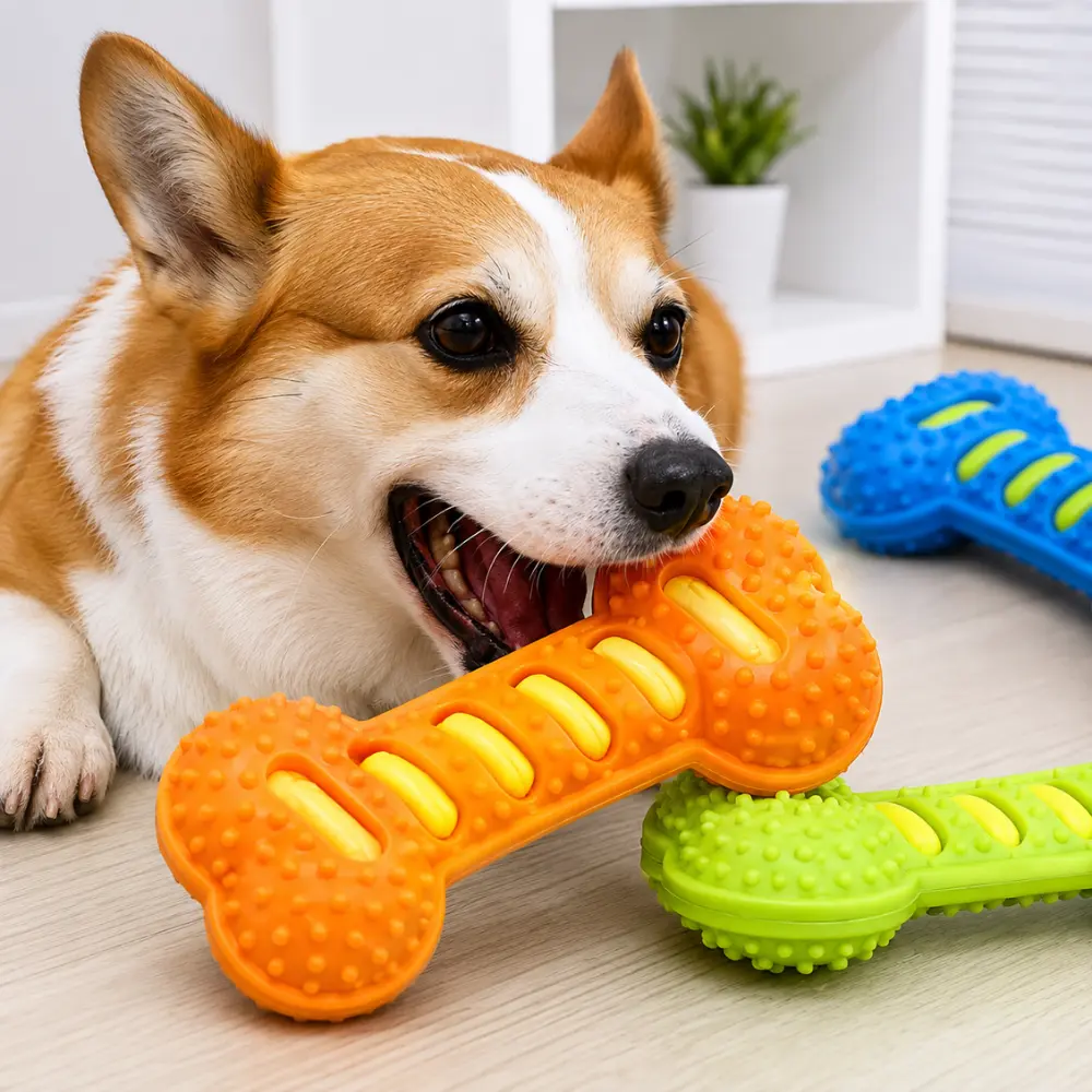 Corgi chewing orange TPR squeaky bone dog toy with green and blue versions nearby