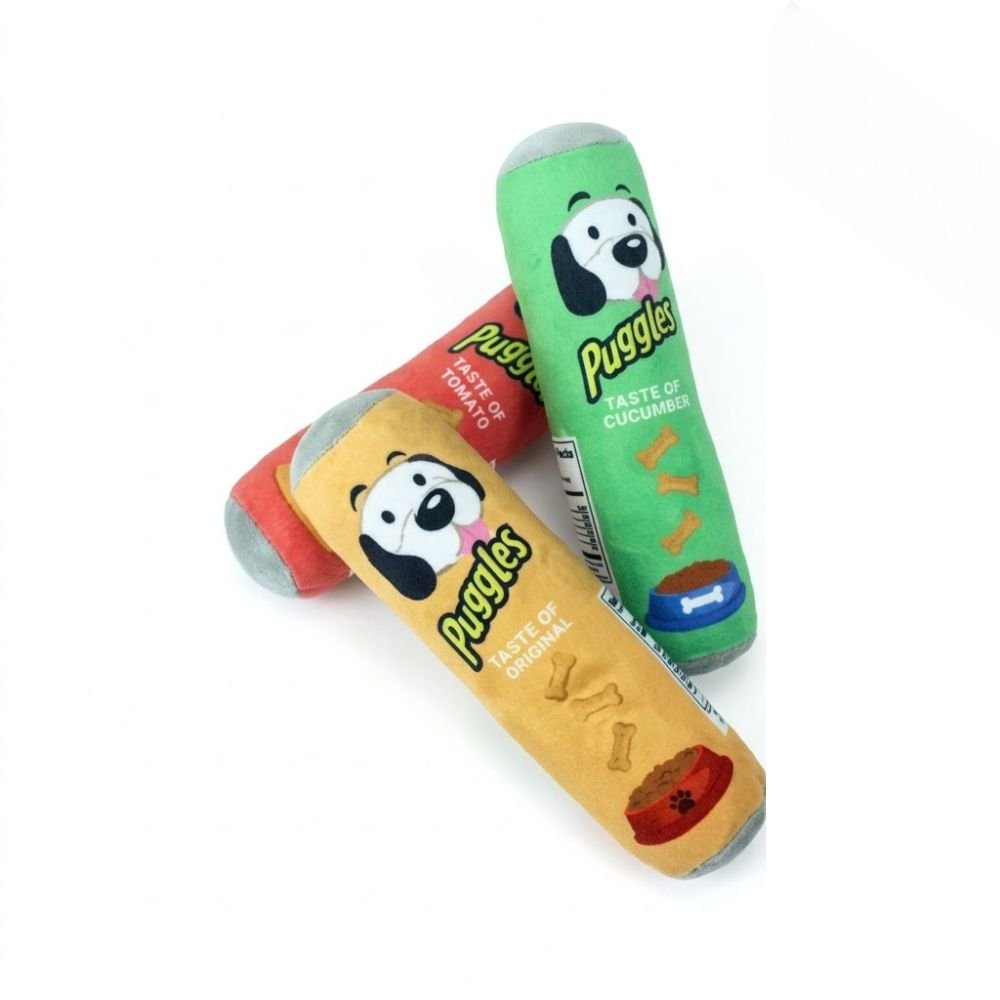 Two Puggles snack canister dog toys shown together in different flavor prints