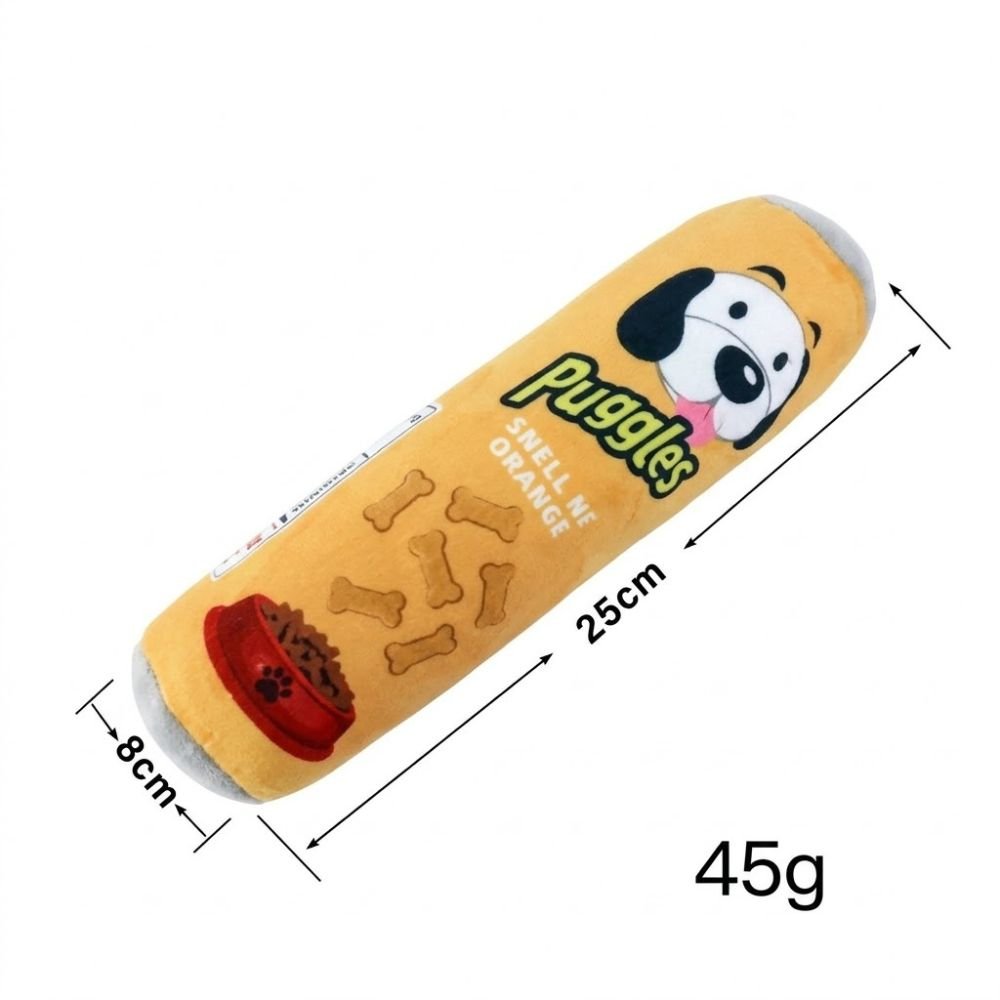 Yellow Puggles snack canister dog toy with orange flavor print and size dimensions