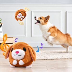 Dog jumping and reacting to the active moving dog plush toy as it bounces across the floor