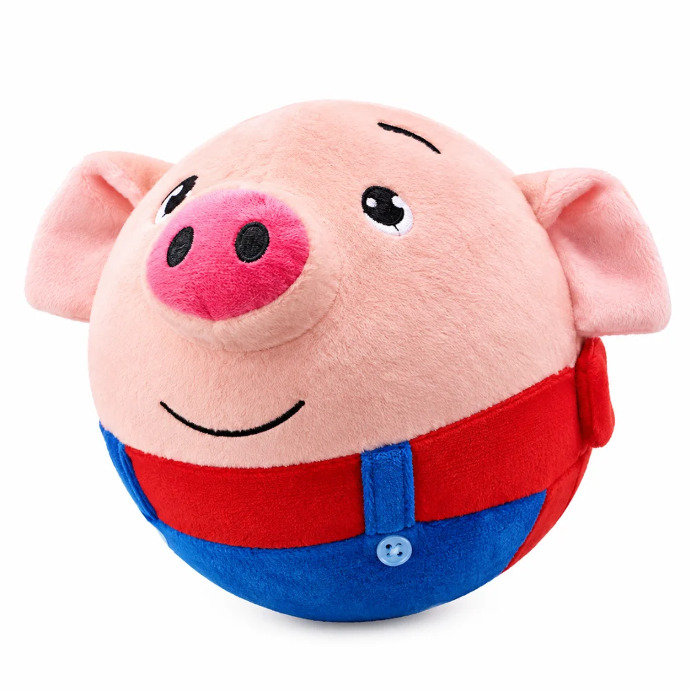 Red pig design of the active moving pet plush toy with blue overalls