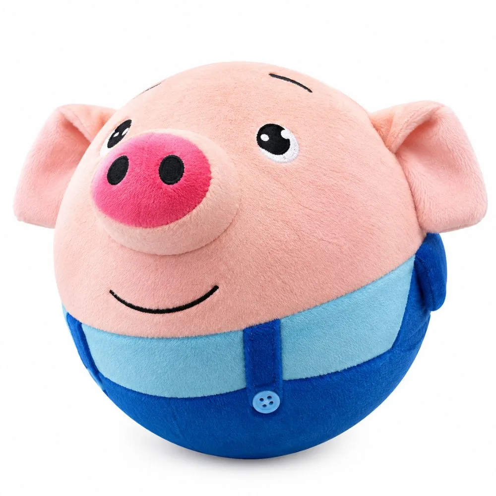 Blue pig design of the active moving pet plush toy with light blue overalls