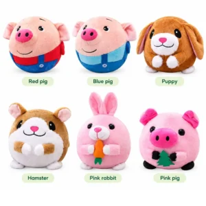 Six available designs of the active moving pet plush toy: red pig, blue pig, puppy, hamster, pink rabbit, and pink pig