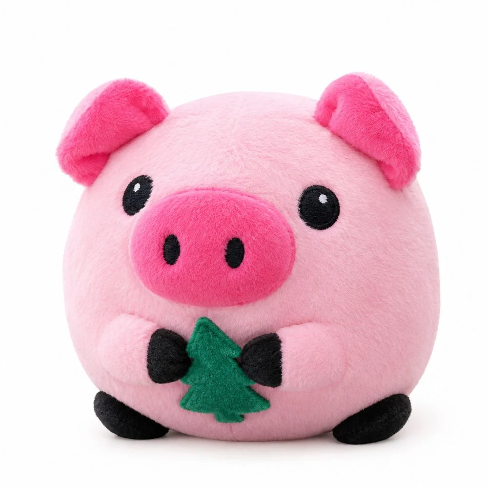 Pink pig design of the active moving pet plush toy holding a small green tree