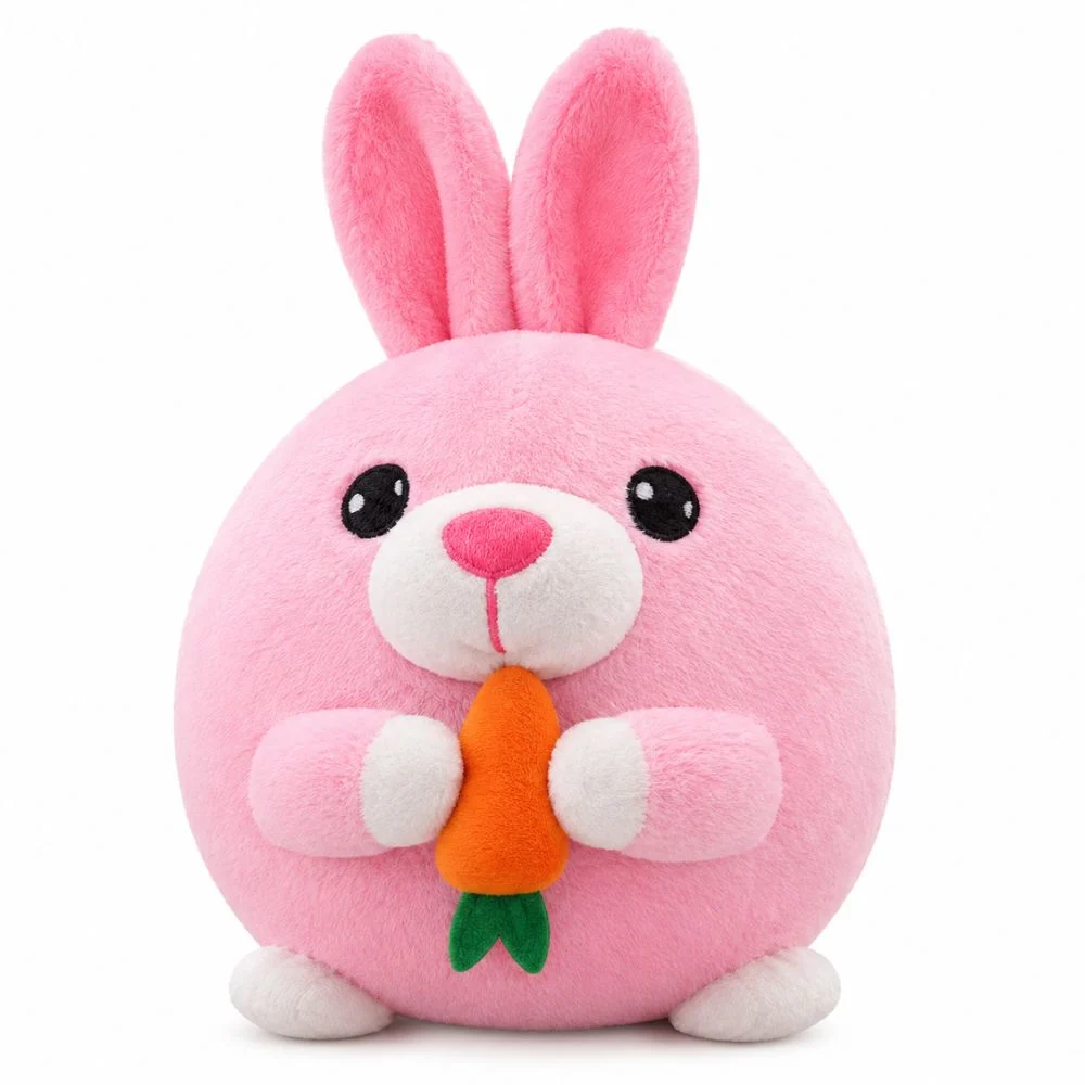 Pink rabbit design of the active moving pet plush toy holding a plush carrot