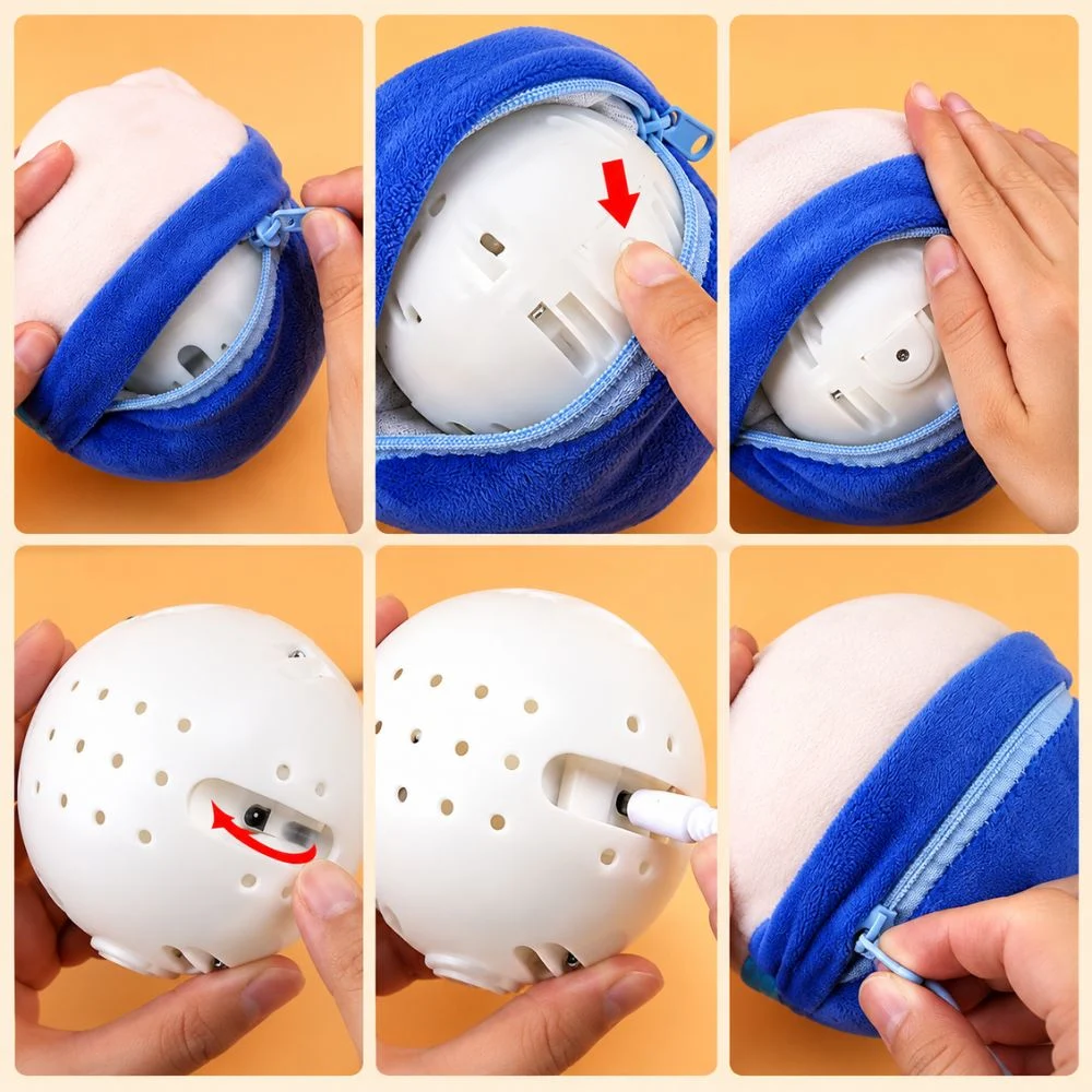 Steps for unzipping the toy and switching between recording mode and music mode