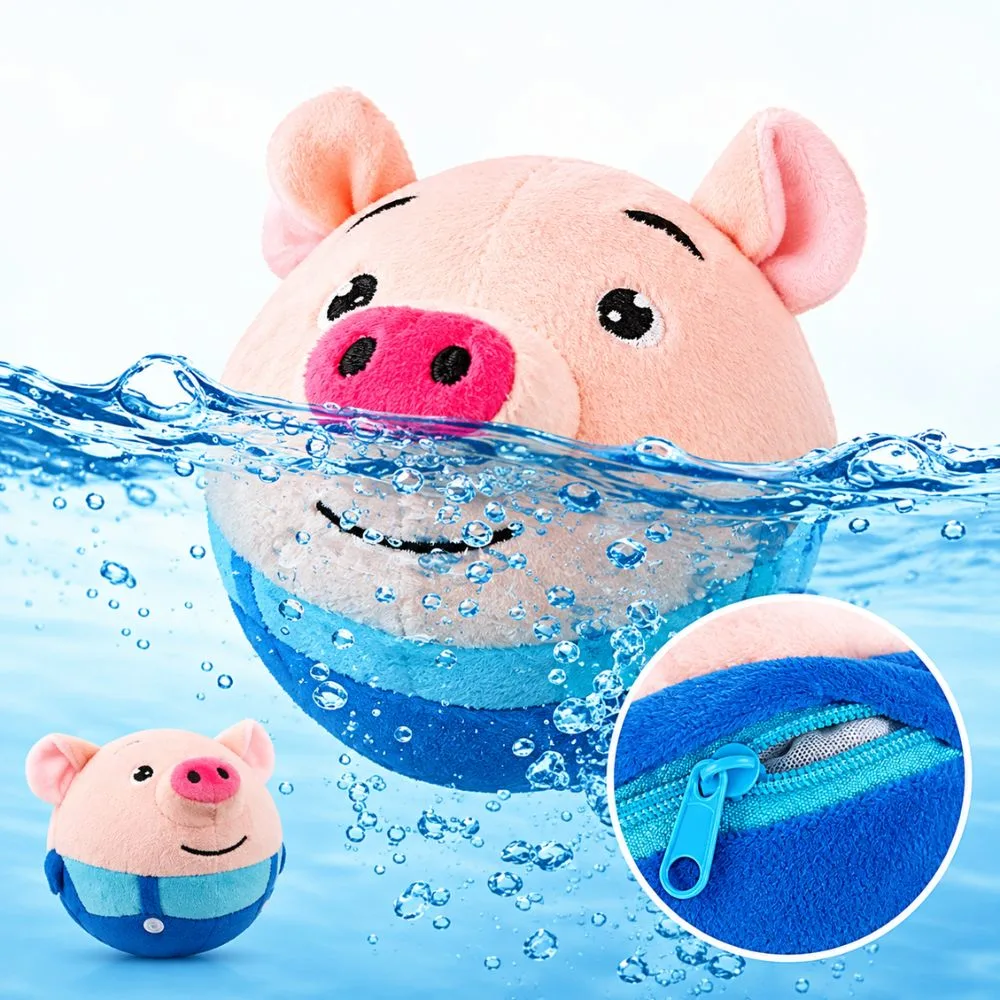 Plush cover of the active moving pet plush toy shown submerged in water to demonstrate it's washable