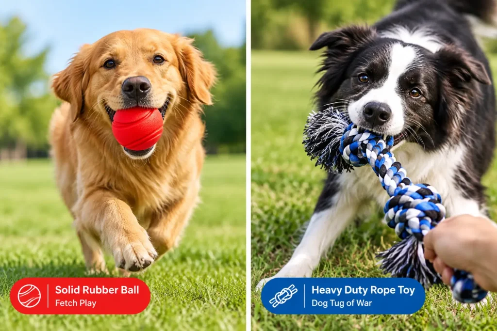 golden retriever holding a rubber ball, border collie biting a rope toy — aggressive chewer options