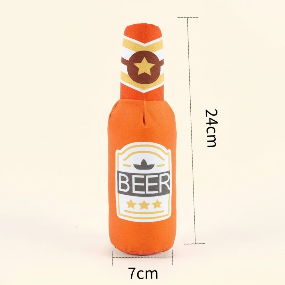 Orange beer bottle dog toy shown with 24 cm length and 7 cm width dimensions