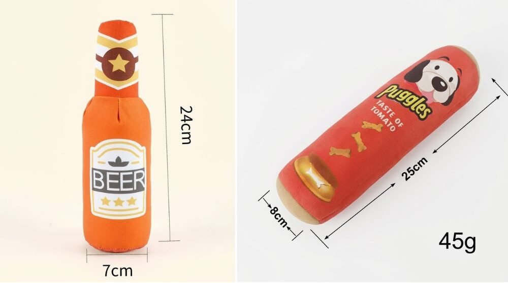 Side-by-side size comparison of the orange beer bottle dog toy and red Puggles tomato canister toy