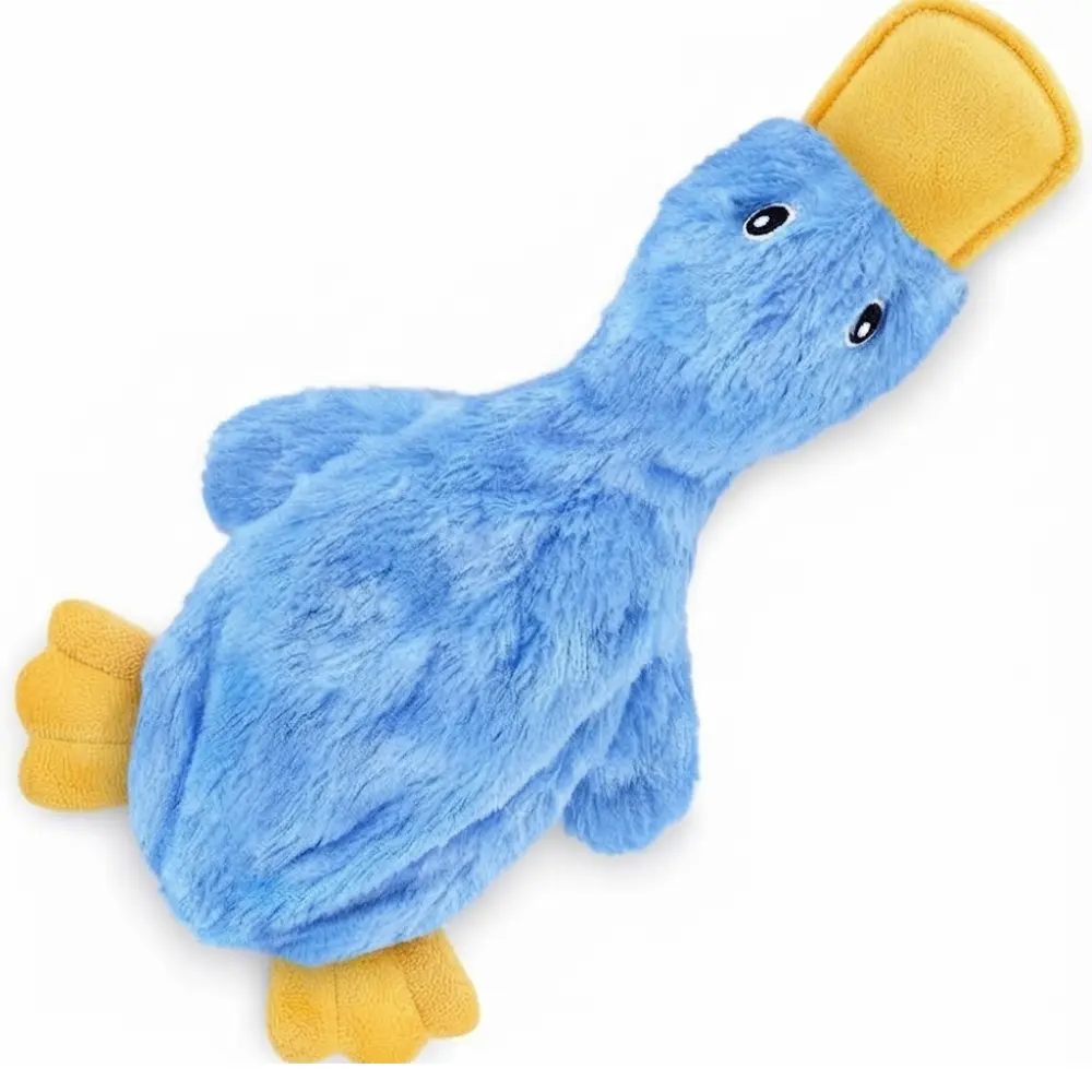 Blue stuffing-free crinkle duck squeaky dog toy