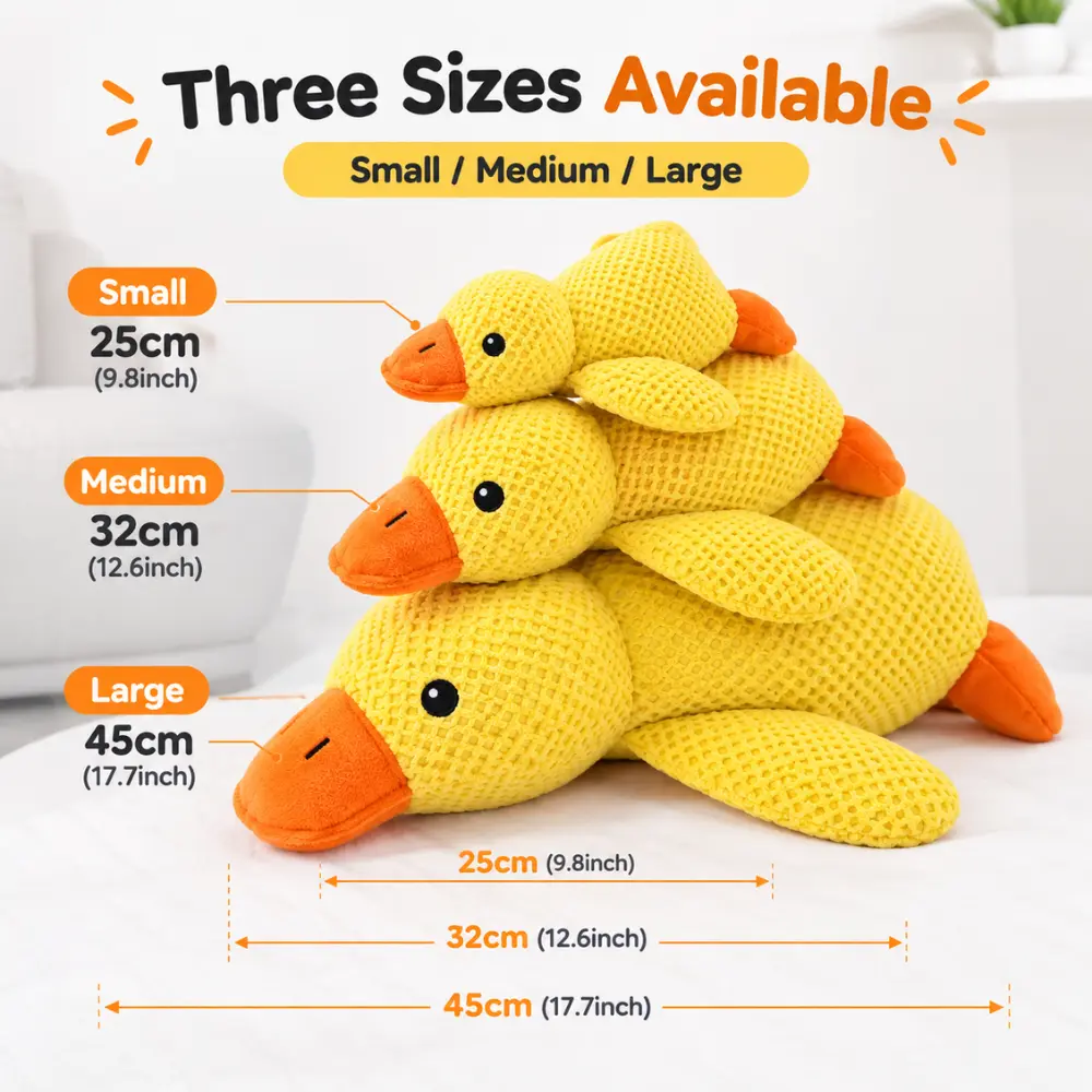 Size chart for the Calming Duck Dog Toy showing small, medium, and large measurements