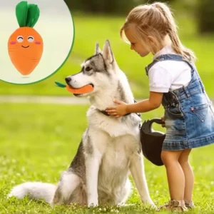 Squeaky carrot dog toy plush multipack with a dog holding one carrot in its mouth