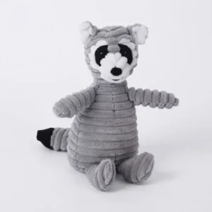 Gray corduroy raccoon squeaky dog toy with a black and white face mask