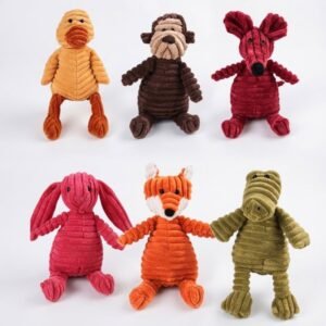Six corduroy squeaky animal dog toys in duck, monkey, mouse, rabbit, fox and crocodile styles