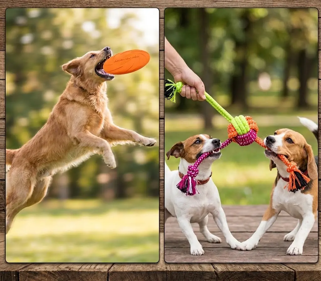dog catching a flying disc for fetch next to two dogs playing tug-of-war with a rope toy