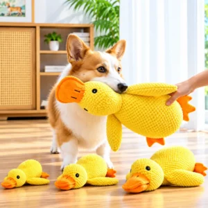 Corgi playing with the large Calming Duck Dog Toy indoors