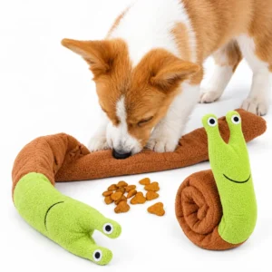 Dog sniffing treats hidden between the snail and dachshund snuffle toy variants