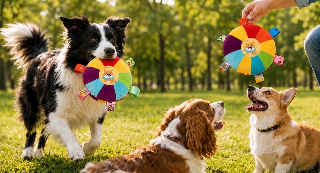 Dogs playing outdoors with the Shiba dog style squeaky plush flying disc