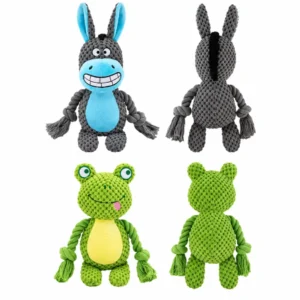 Gray donkey and green frog plush rope dog toys shown from front and back