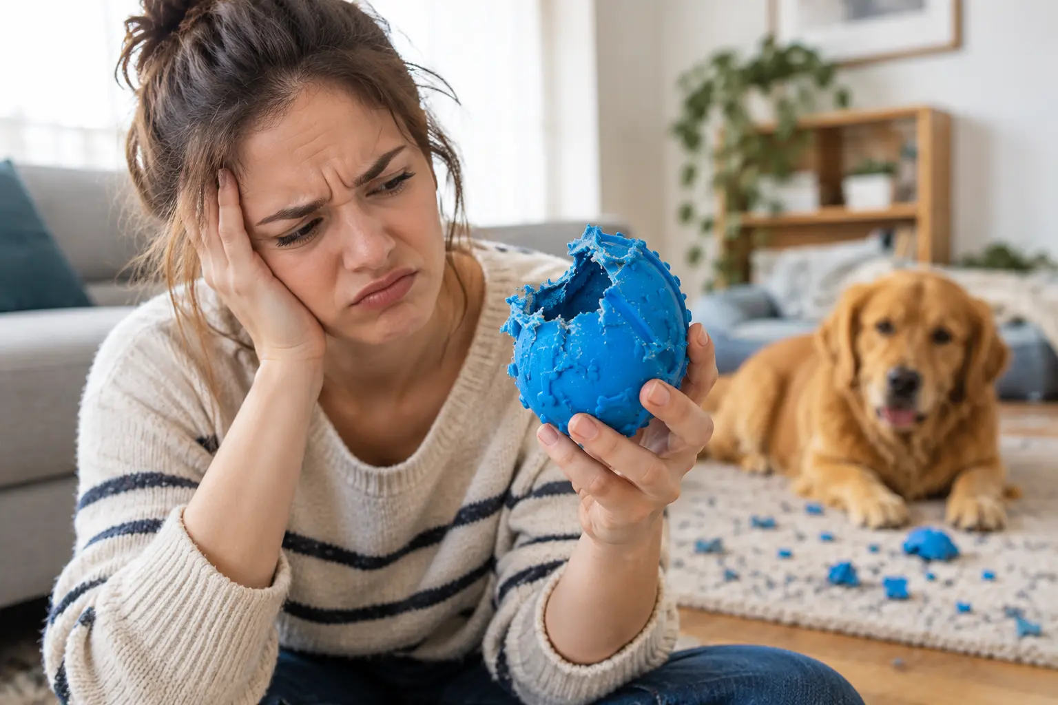 Frustrated dog owner holding a destroyed rubber chew toy — choosing the right toy for your dog's bite strength