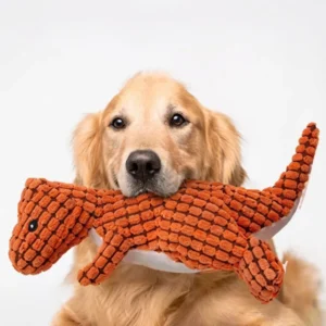 Golden Retriever dog gently carrying an orange plush dinosaur dog toy made of textured corn wool corduroy fabric.