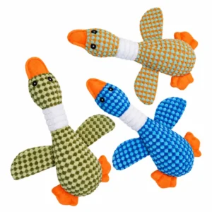 Blue pineapple plaid goose dog toy with wings spread and orange bill and feet