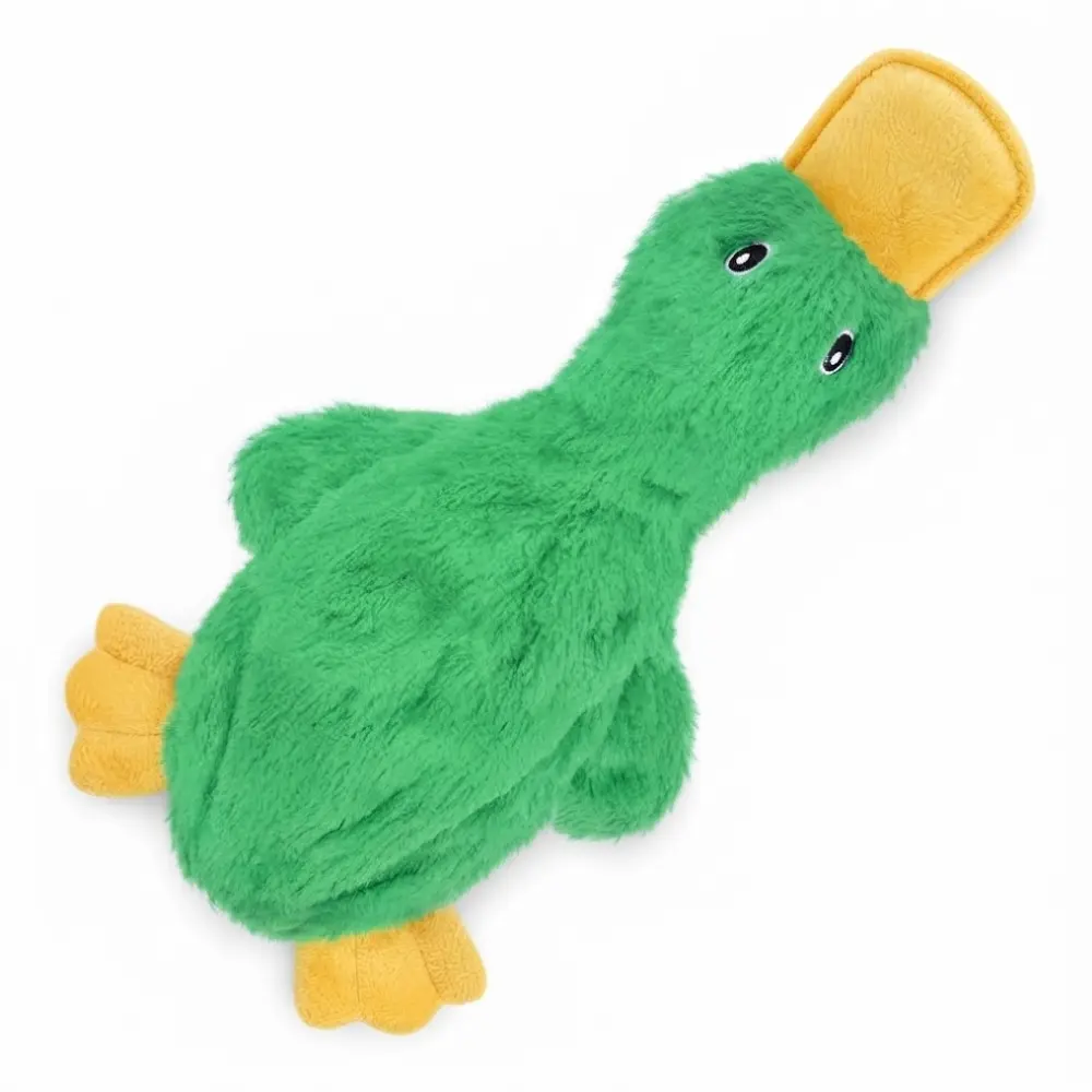 Green stuffing-free crinkle duck squeaky dog toy