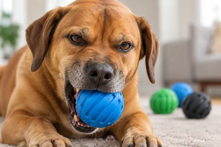 Dog biting a solid rubber chew toy — how to choose the right rubber chew toy based on your dog's bite strength