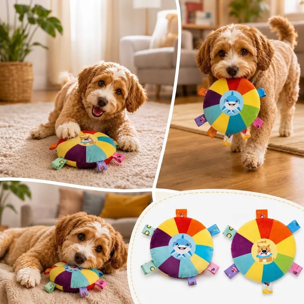 Dog chewing, carrying, and cuddling the plush flying disc, shown in both shark and dog styles