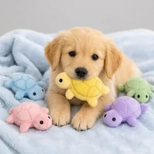 Golden retriever puppy holding a yellow mini turtle plush dog toy surrounded by pink, blue, green, and purple turtles