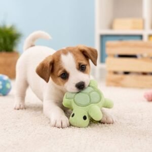 Jack Russell puppy chewing a green mini turtle plush dog toy on the floor