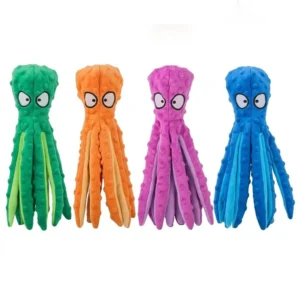 Octopus squeaky dog toy shown in green, orange, pink, and blue