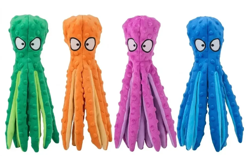 Octopus squeaky dog toy shown in green, orange, pink, and blue
