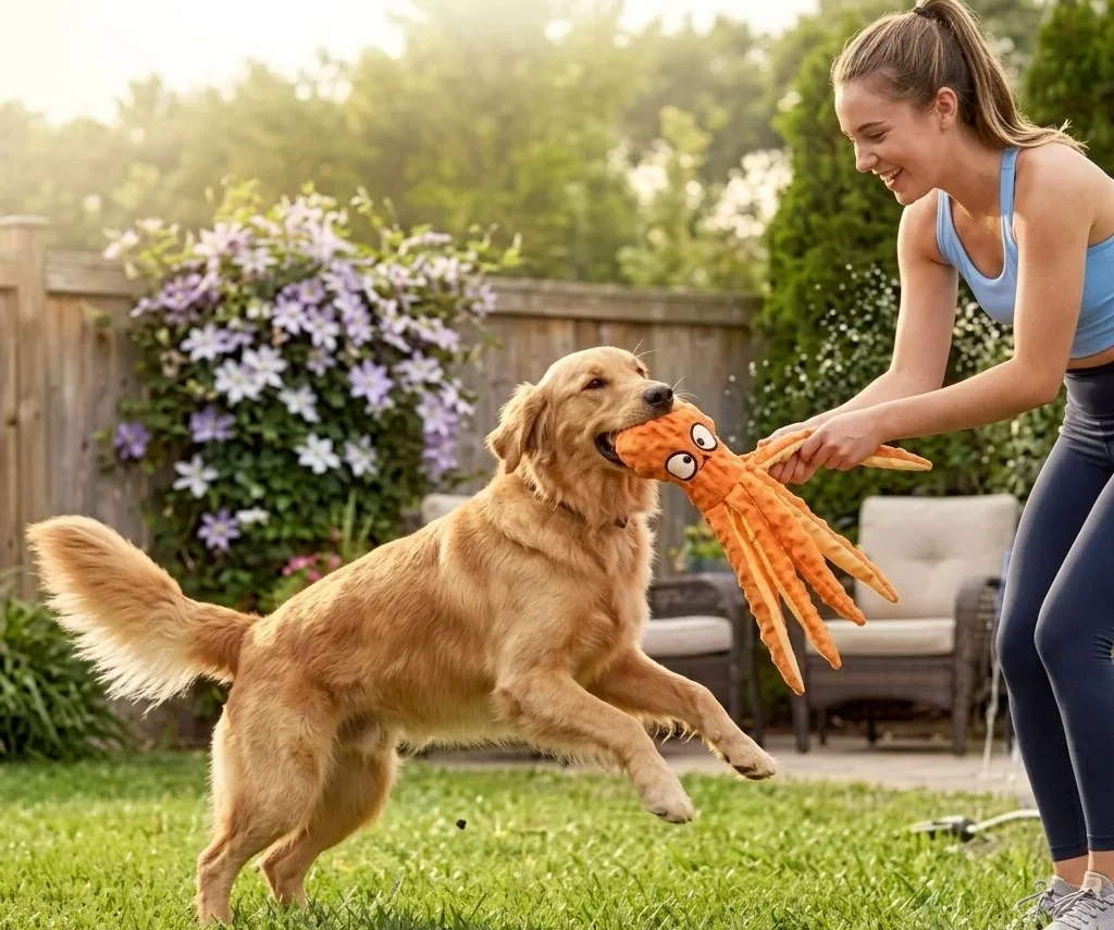 Golden retriever playing tug-of-war with an orange octopus dog toy outdoors