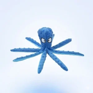 Blue octopus dog toy showing squeaker head and no-stuffing tentacles