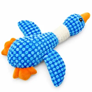 Blue pineapple plaid goose dog toy with wings spread and orange bill and feet