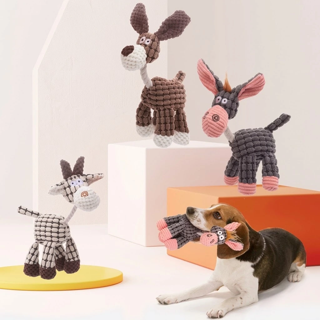Plush animal dog toy bundle showing bubble-texture dog, donkey, and giraffe designs together