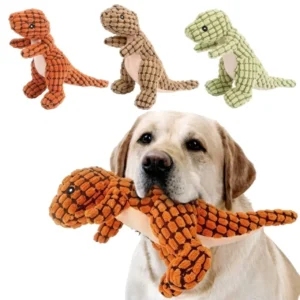 Green, brown, and orange squeaky dinosaur toy options, with a labrador holding the orange one