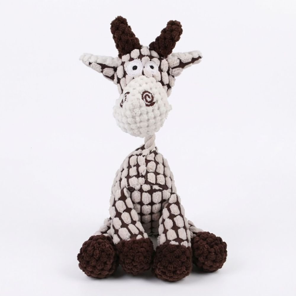 Brown textured plush dog toy sitting with white paws and tall floppy ears