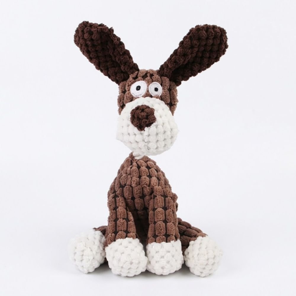 Brown textured plush dog toy sitting with white paws and tall floppy ears