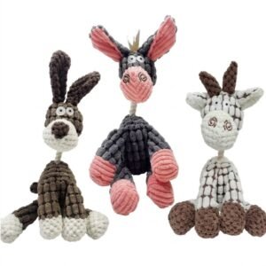 Three plush dog toy styles shown together — dog, donkey, and giraffe designs