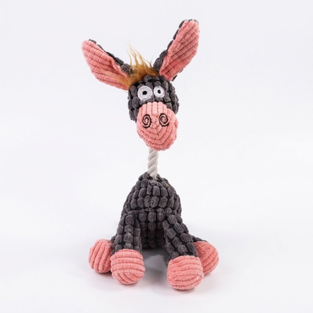 Gray and pink textured plush donkey toy sitting with a rope loop around its neck