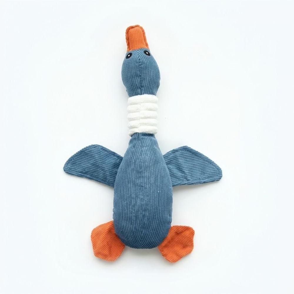 Navy blue fabric plush duck dog toy with woven wings and a rope-wrapped neck
