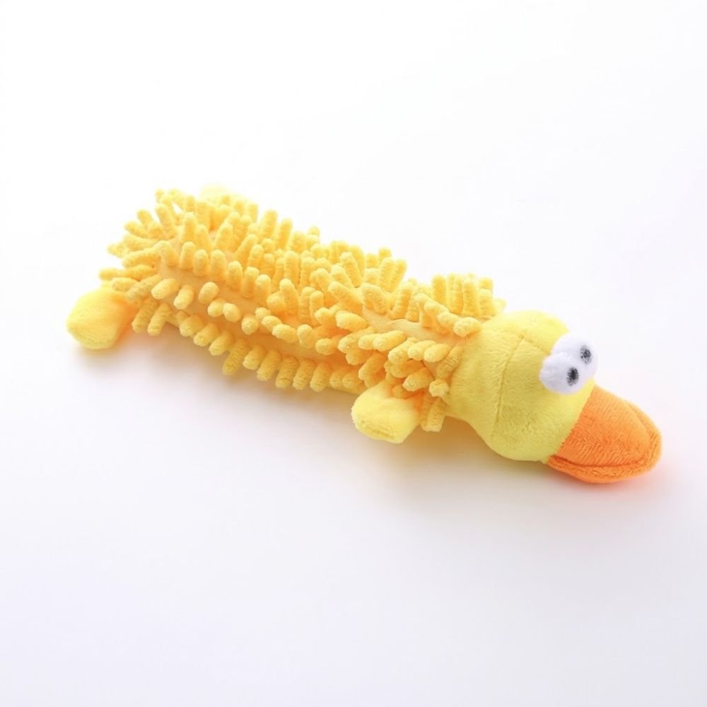 Yellow chenille textured plush duck dog toy, approximately 26 cm long