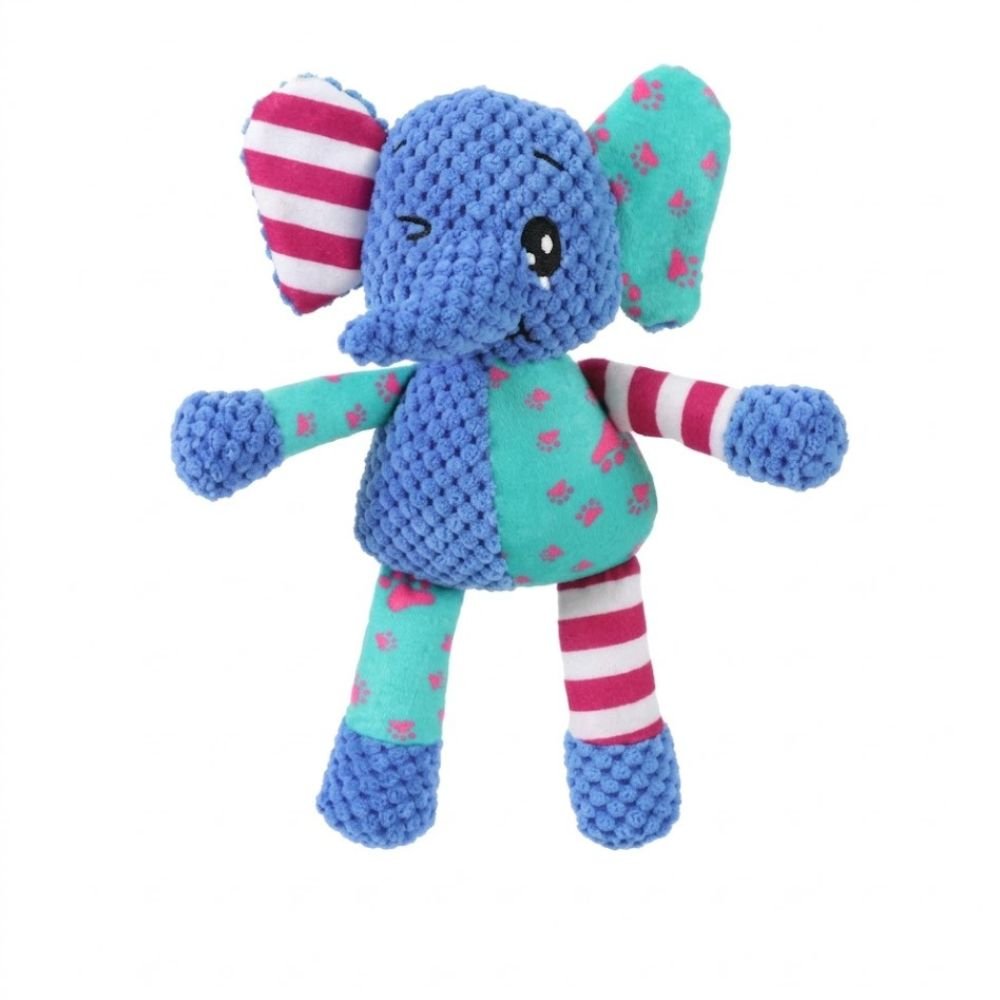 Blue and teal textured plush elephant dog toy with striped limbs, standing pose