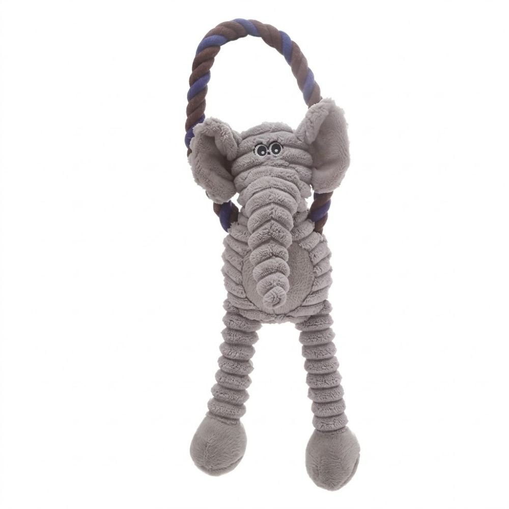 Gray corduroy textured plush elephant dog toy with a knotted rope loop handle