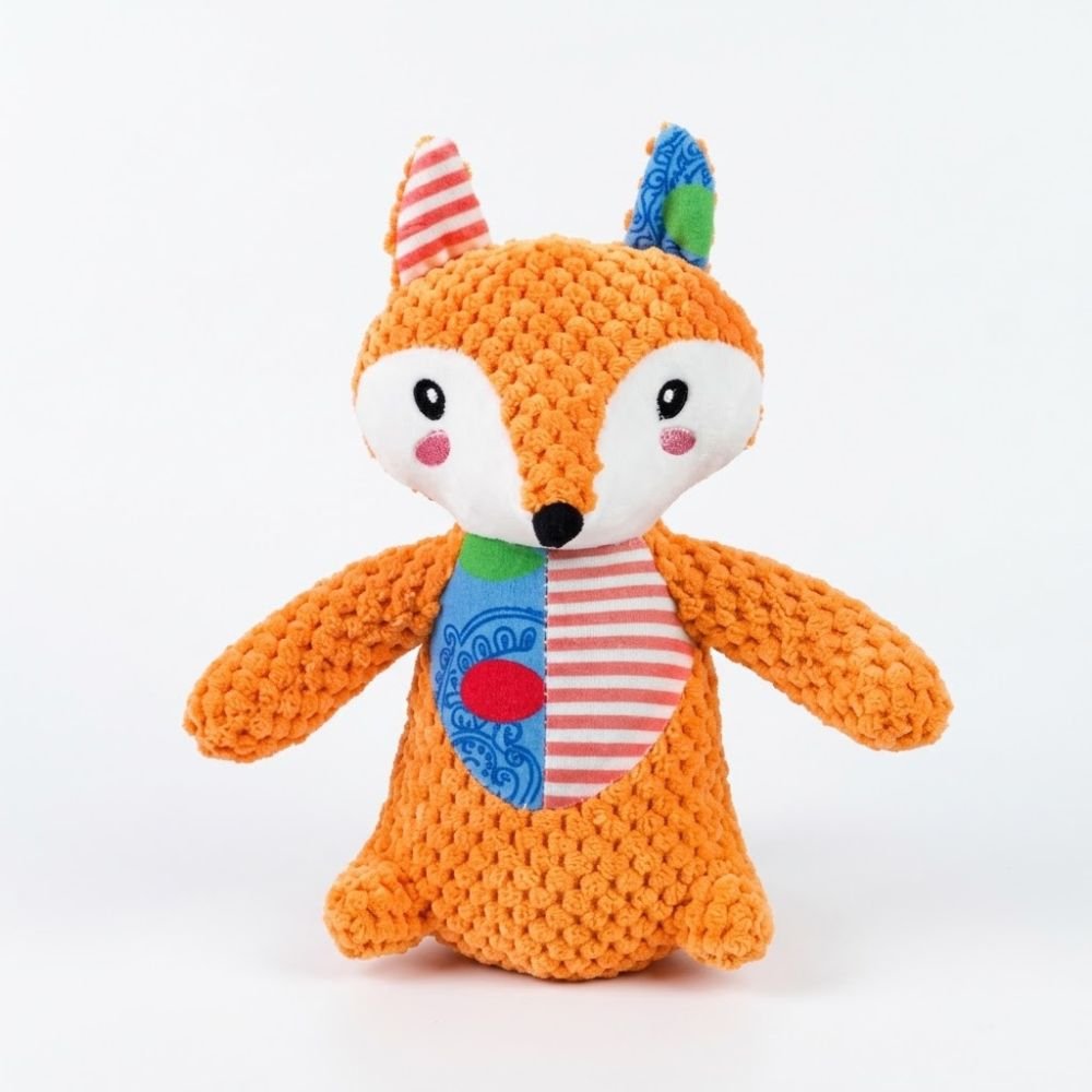 Orange textured plush fox dog toy with striped ears and a patchwork chest patch