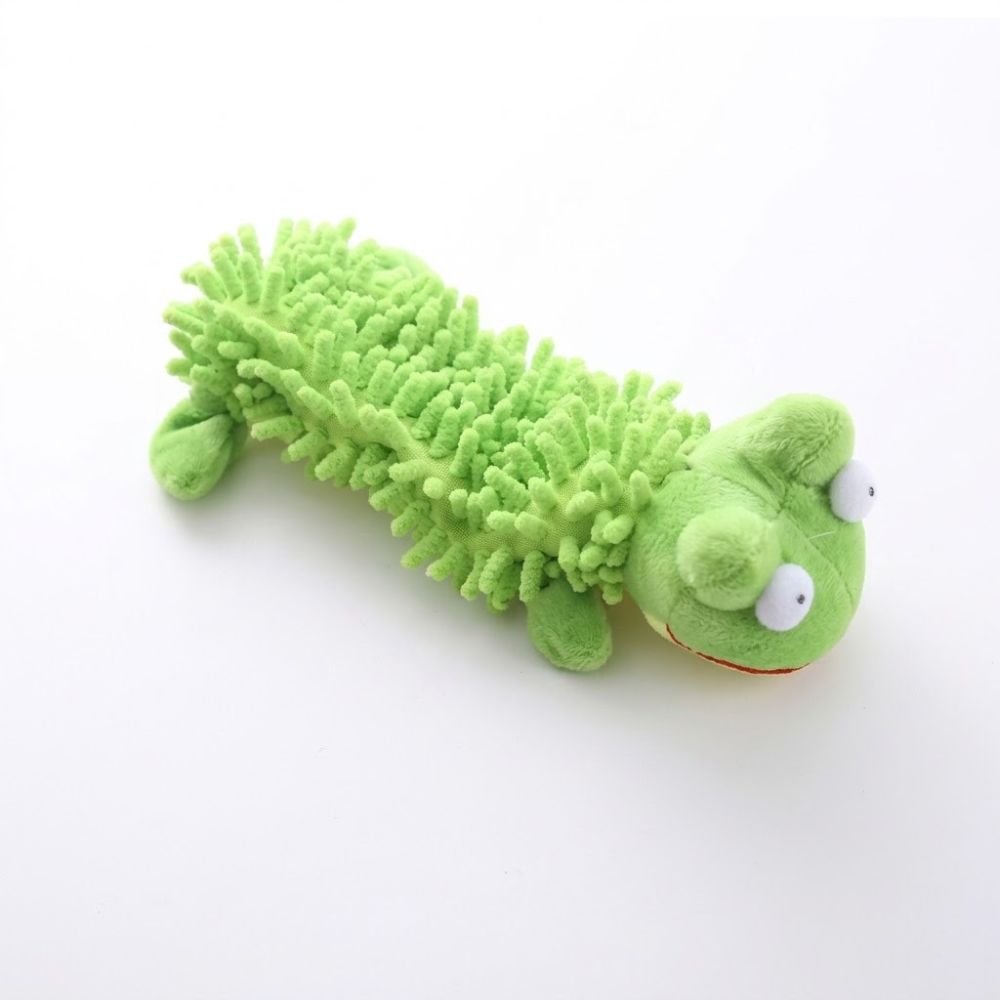 Green chenille textured plush frog dog toy, approximately 24 cm long